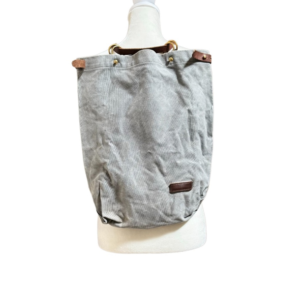 WOOD & FAULK gray canvas backpack/ tote, with leather straps, unisex